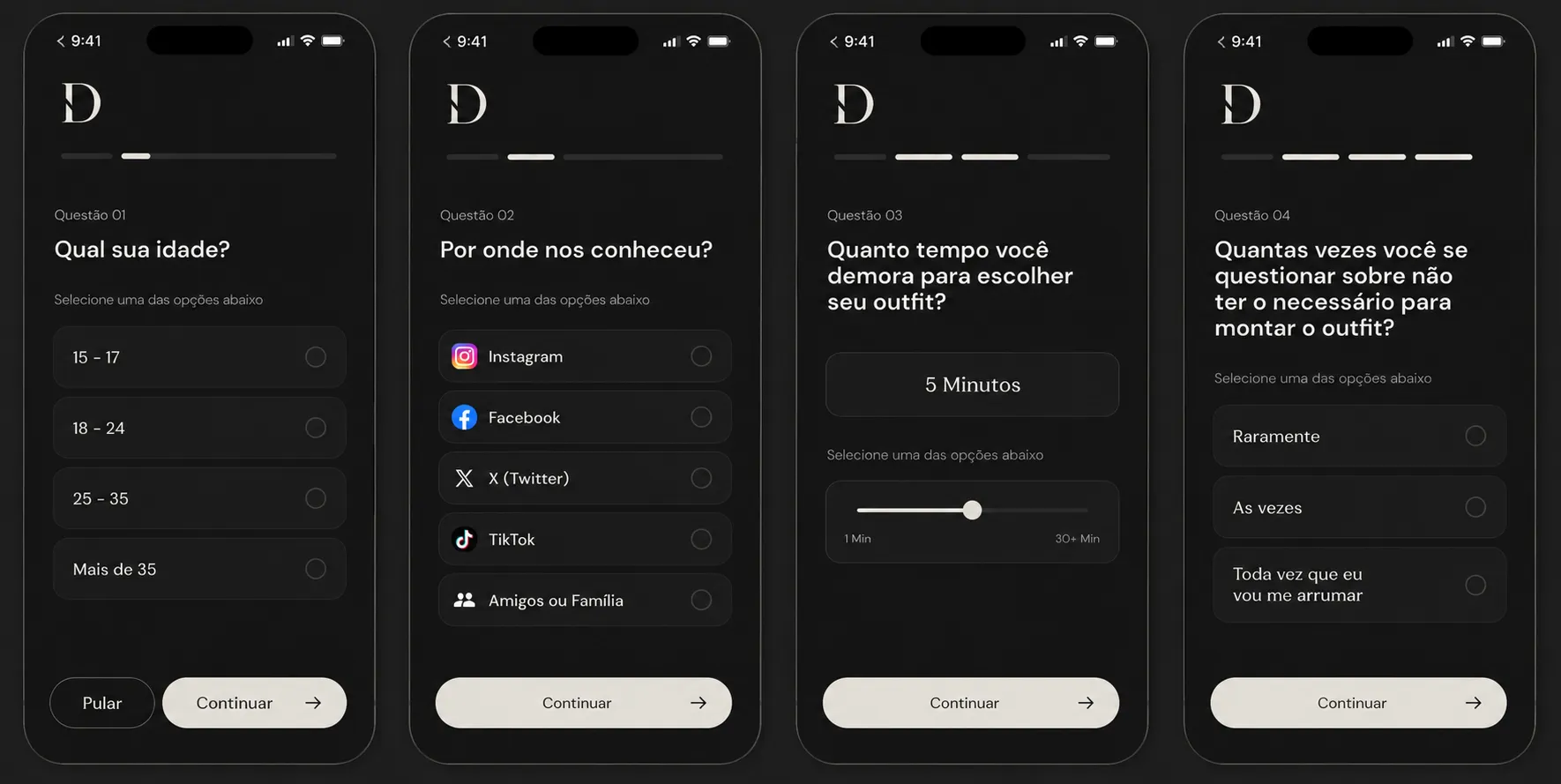 Sequência de telas do quiz de diagnóstico de estilo