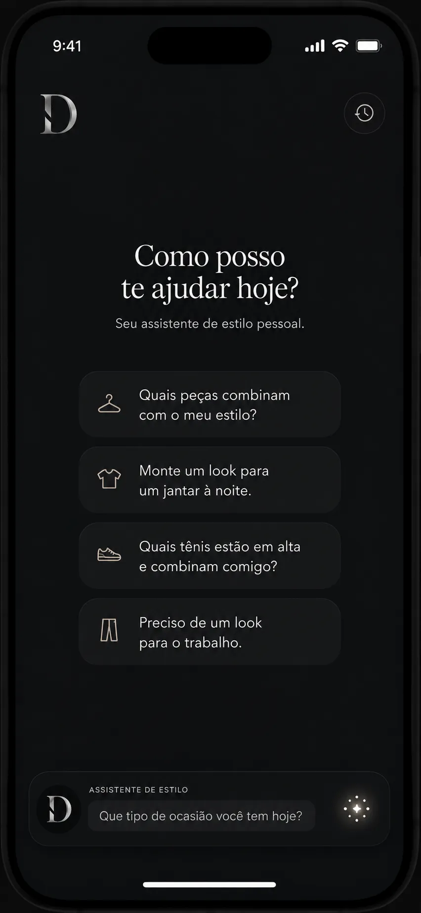 Tela do Assistente de Estilo dentro do app